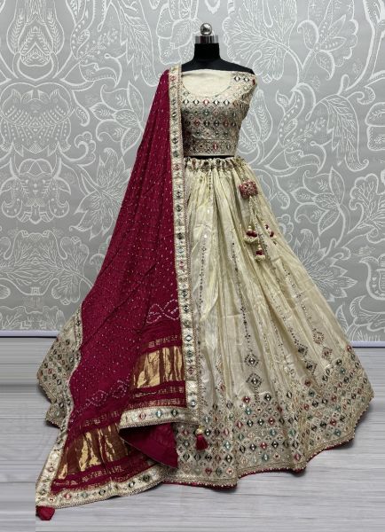 Cream Pure Gadhwal Silk Handwork Wedding-Wear Bandhani-Dupatta Lehenga Choli