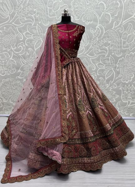 Pink Velvet Handwork Wedding-Wear Bridal Lehenga Choli [With Double Dupatta]
