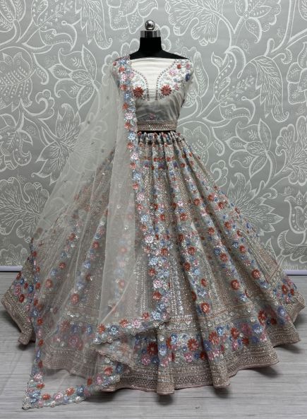 Off White Net Handwork Wedding-Wear Bridal Lehenga Choli