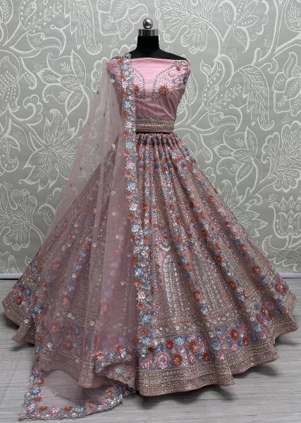 Pink Net Handwork Wedding-Wear Bridal Lehenga Choli