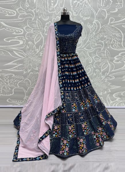 Dark Blue Georgette Thread-Work Wedding-Wear Reception Lehenga Choli