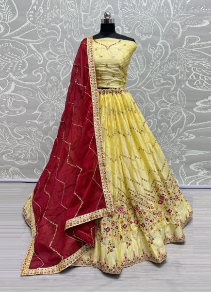 Yellow Silk Thread-Work Embroidery Lehenga Choli For Traditional / Religious Occasions