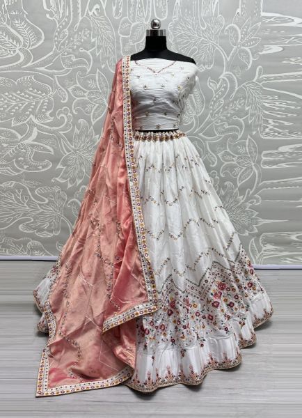 White Silk Thread-Work Embroidery Lehenga Choli For Traditional / Religious Occasions