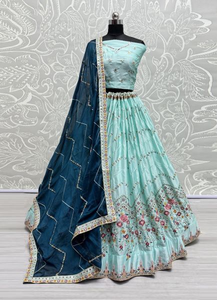 Light Blue Silk Thread-Work Embroidery Lehenga Choli For Traditional / Religious Occasions