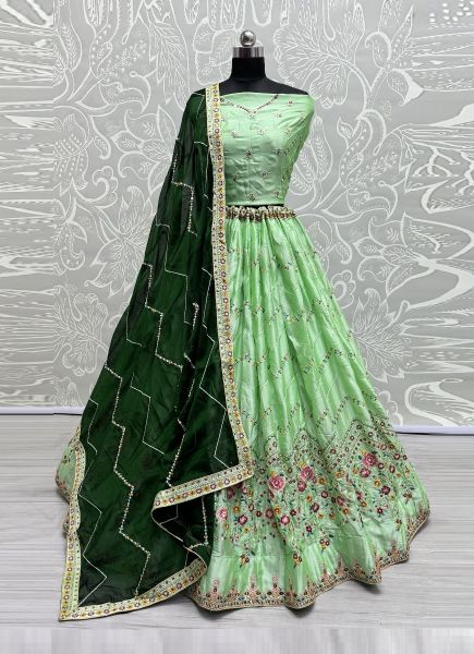Light Green Rangoli Silk Embroidered Party-Wear Reception Lehenga Choli