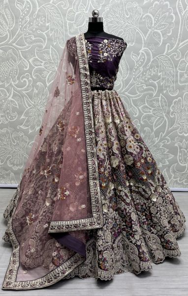 Dark Violet Velvet Handwork Wedding-Wear Bridal Lehenga Choli