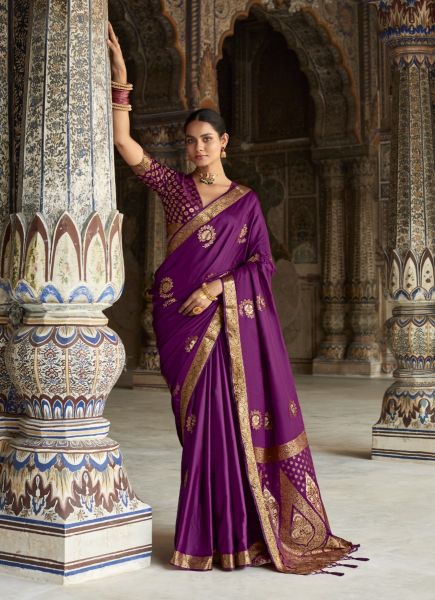 Purple Satin Silk Woven Saree For Traditional / Religious Occasions