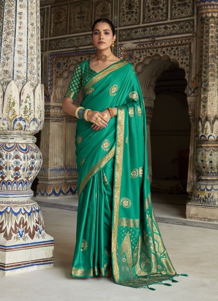 Light Teal Green Satin Silk Woven Saree For Traditional / Religious Occasions