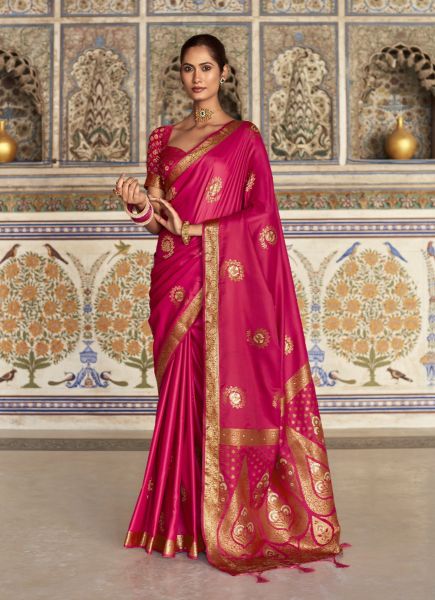 Dakr Magenta Satin Silk Woven Saree For Traditional / Religious Occasions