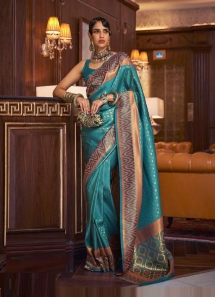 Teal Blue Silk Handloom Weaving Festive-Wear Saree