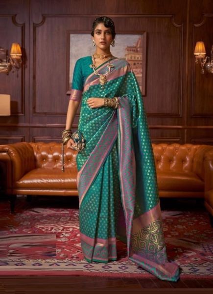 Teal Green Silk Handloom Weaving Festive-Wear Saree