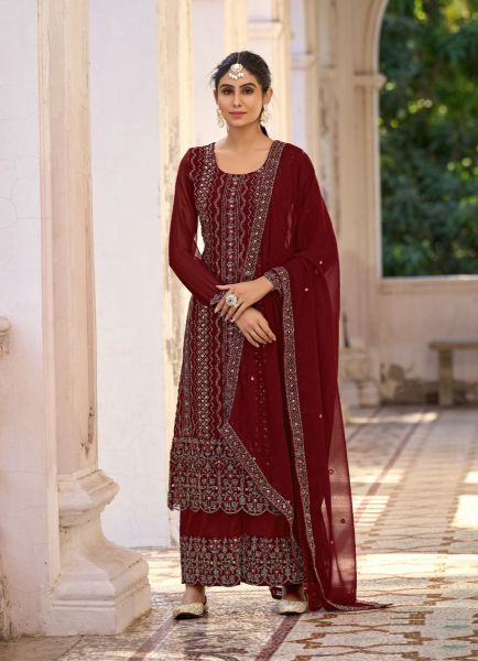Maroon Silk Sequins & Embroidered Festive-Wear Plus-Size Salwar Kameez