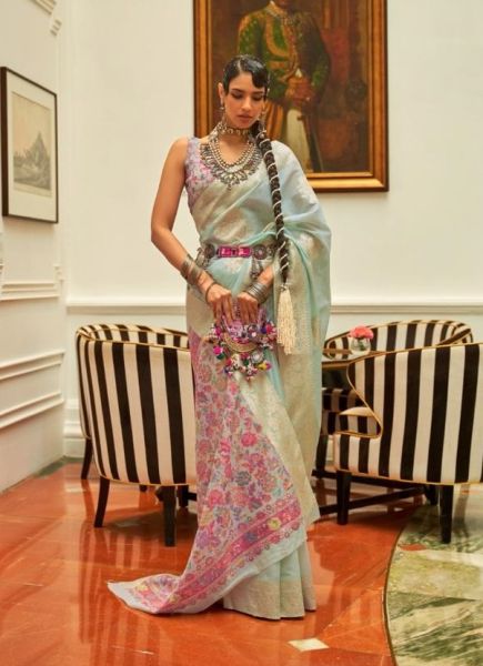 Light Aqua Handloom Silk Party-Wear Saree With Kashmiri Pallu