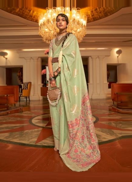 Light Green Handloom Silk Party-Wear Saree With Kashmiri Pallu