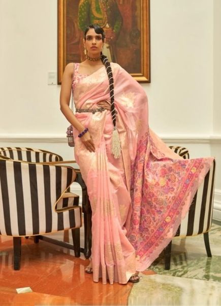 Light Coral Handloom Silk Party-Wear Saree With Kashmiri Pallu