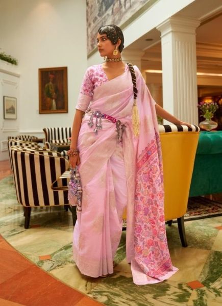 Light Pink Handloom Silk Party-Wear Saree With Kashmiri Pallu