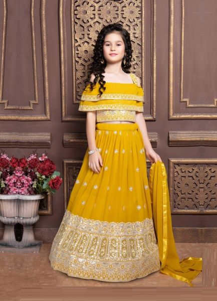 Yellow Georgette Embroidered Party-Wear Readymade Kids Lehenga Choli