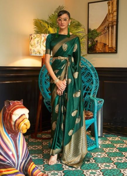 Dark Green Nylon Satin Woven Handloom Saree For Traditional / Religious Occasions