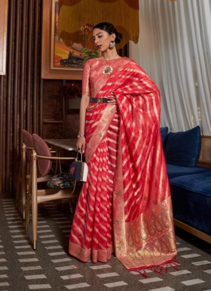 Red Organza Silk Saree With Meenakari Weaving
