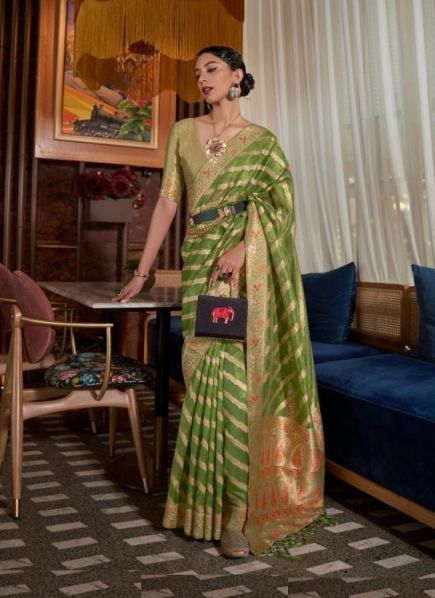 Olive Green Organza Silk Saree With Meenakari Weaving