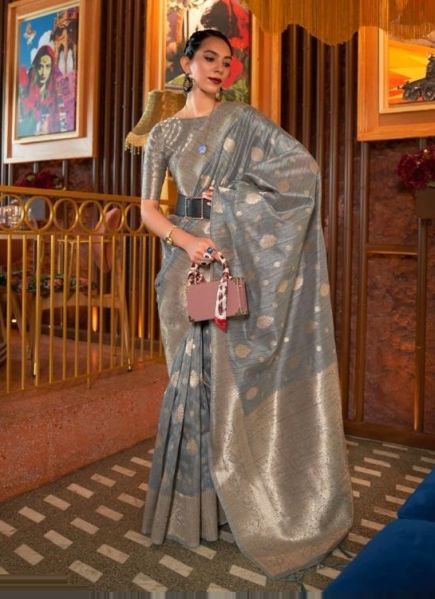 Light Gray Tussar Silk Handloom Weaving Festive-Wear Saree