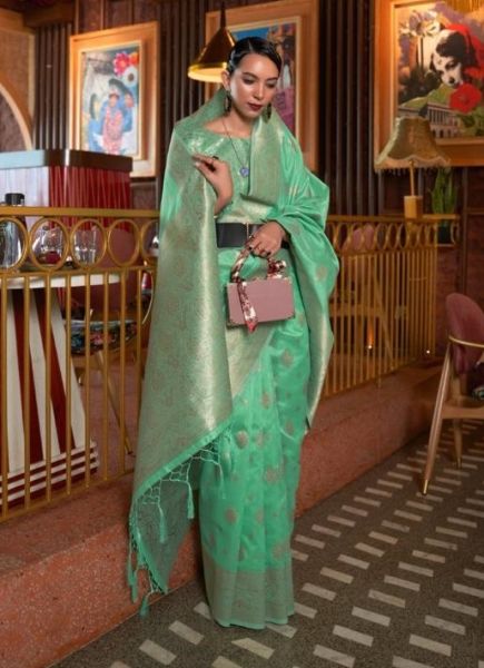 Mint Green Tussar Silk Handloom Weaving Festive-Wear Saree