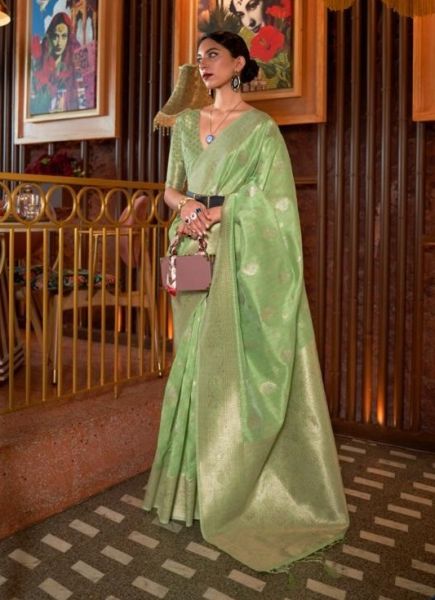 Light Green Tussar Silk Handloom Weaving Festive-Wear Saree