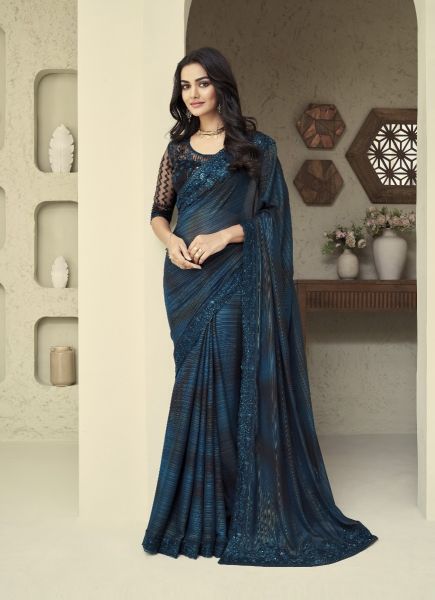 Sea Blue Silk Embroidered Party-Wear Boutique-Style Saree