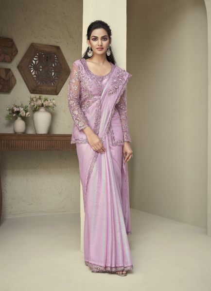 Light Pink Silk Embroidered Party-Wear Boutique-Style Saree