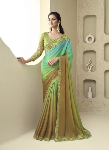 Aqua & Golden Brown Silk Embroidered Party-Wear Boutique-Style Saree