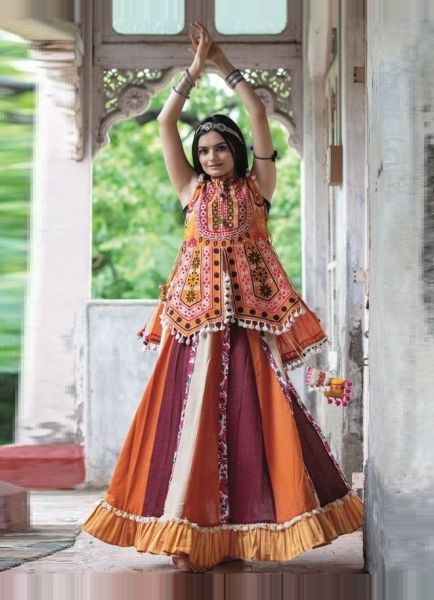 Orange & Maroon Khadi Thread-Work Navratri-Wear Readymade Kurti With Ghagra