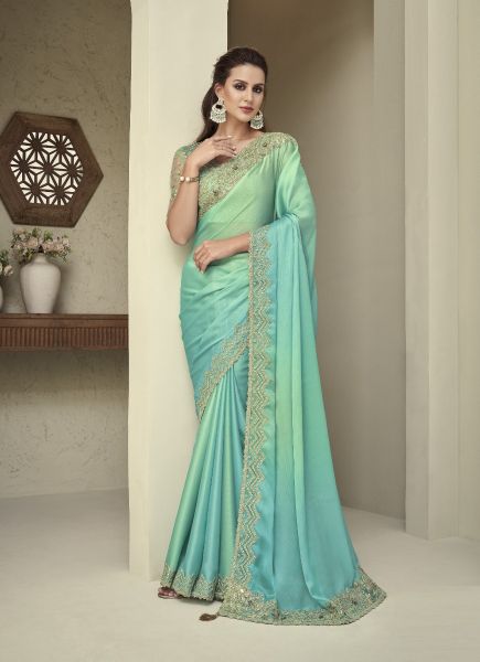 Aqua Silk Embroidered Party-Wear Boutique-Style Saree