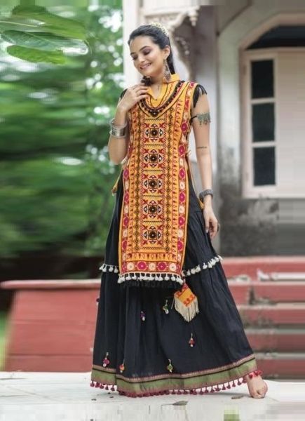 Orange & Black Khadi Thread-Work Navratri-Wear Readymade Kurti With Ghagra