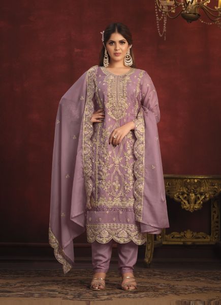 Mauve Pink Viscose Organza Embroidered Pakistani Salwar Kameez For Traditional / Religious Occasions