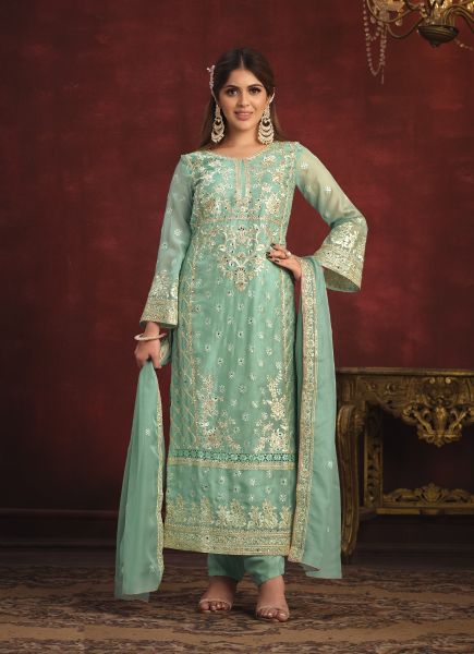 Mint Green Viscose Organza Embroidered Pakistani Salwar Kameez For Traditional / Religious Occasions
