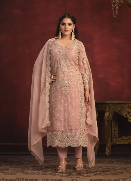 Light Coral Viscose Organza Embroidered Pakistani Salwar Kameez For Traditional / Religious Occasions