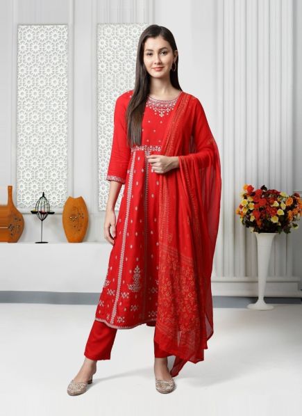 Red Rayon Slub Printed Summer-Wear Readymade Trending Salwar Kameez