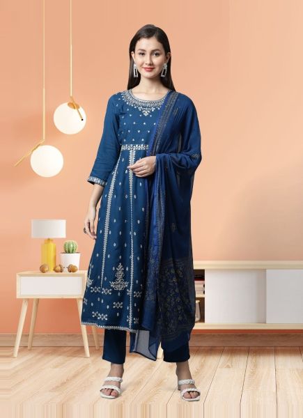 Blue Rayon Slub Printed Summer-Wear Readymade Trending Salwar Kameez