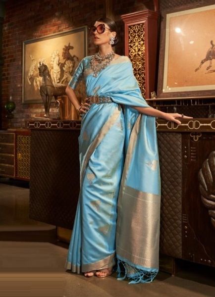 Light Blue Silk Zari Weaving Party-Wear Saree