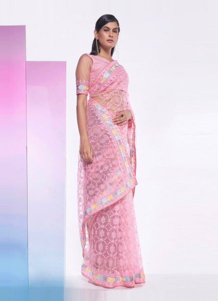Pink Net Chikankari-Work Party-Wear Boutique-Style Saree