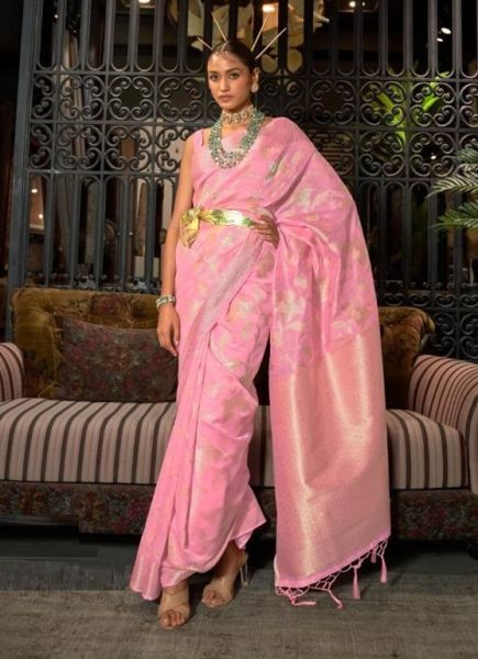 Baby PInk Silk Weaving Festive-Wear Handloom Saree