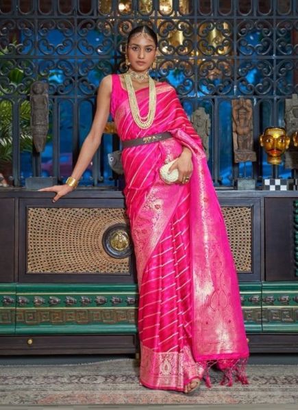 Deep Pink Silk Satin Weaving Festive-Wear Handloom Saree