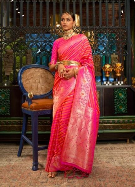 Dark Pink Silk Satin Weaving Festive-Wear Handloom Saree