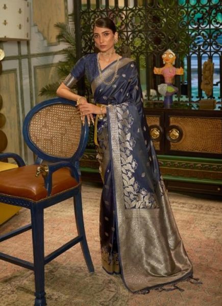 Dark Blue Silk Satin Weaving Festive-Wear Handloom Saree