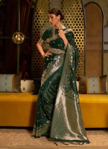 Dark Green Silk Satin Weaving Festive-Wear Handloom Saree