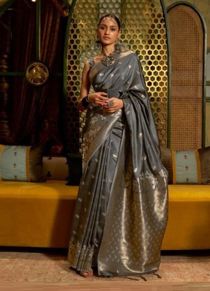 Gray Silk Satin Weaving Festive-Wear Handloom Saree