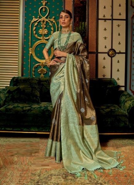 Dark Brown & Light Green Silk Handloom Weaving Festive-Wear Saree