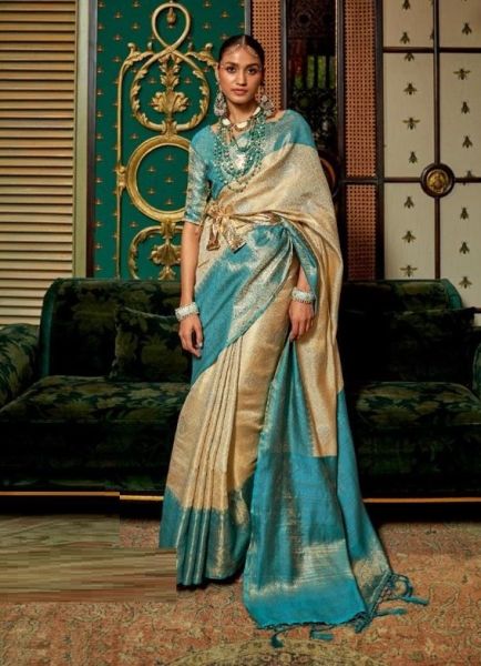 Beige & Sky Blue Silk Handloom Weaving Festive-Wear Saree