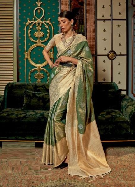 Olive Green & Beige Silk Handloom Weaving Festive-Wear Saree