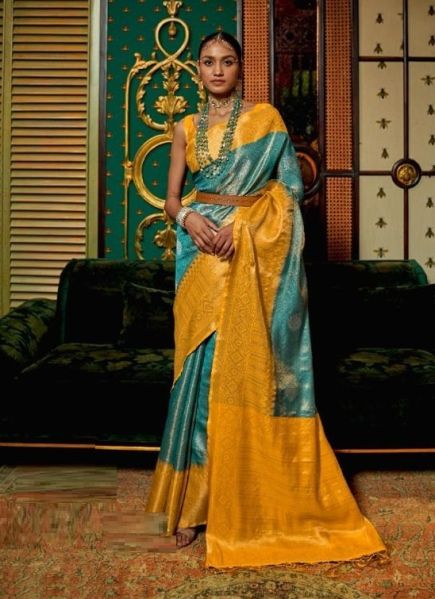 Teal Blue & Yellow Silk Handloom Weaving Festive-Wear Saree